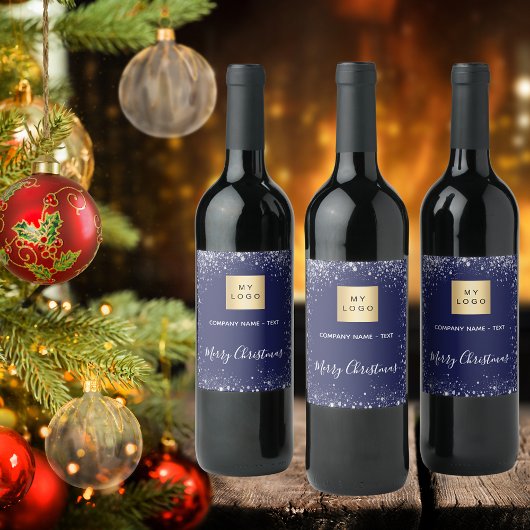 クリスマス ブルー シルバー グリッター ビジネス ロゴ ワインラベル