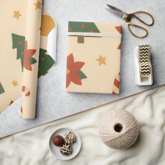 クリスマス+プレゼント+ツリーのあったかパターン ラッピングペーパー (クラフト)