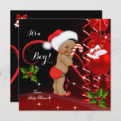 クリスマス ベイビー シャワー 男の子 赤いサンタ帽子 エスニック 招待状 (正面/裏面)