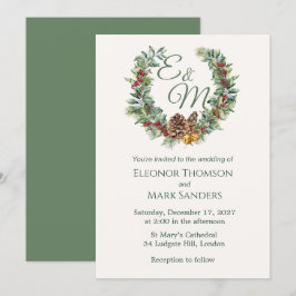 クリスマス·ベリー·パイン·リース·モ結婚ノグラム 招待状