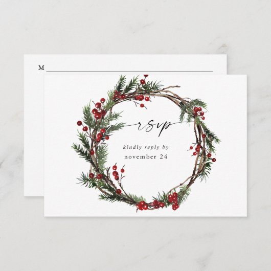 クリスマス ベリー & ピン 付 披露宴 返信 はがき リース (正面/裏面)