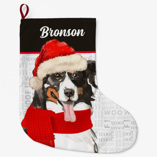 クリスマス・ベルネーゼ山犬と犬の名前 ラージクリスマスストッキング (正面)
