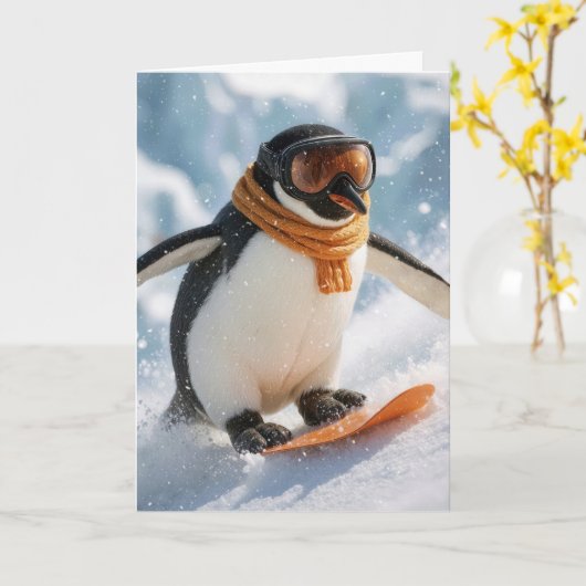 クリスマス ペンギン スノーボード ダウンヒル カード (黄色い花)