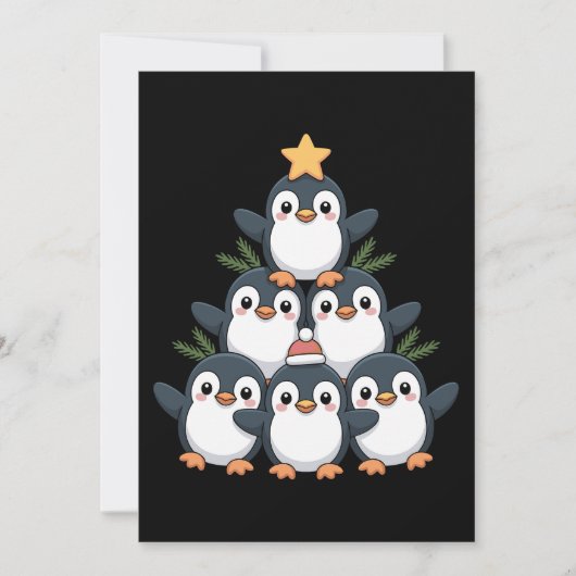クリスマス ペンギン ツリー 星 サンタ 帽子 スノーフレーク 招待状 (正面)