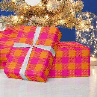 クリスマス ホットピンクと明るいオレンジのバッファローチェック ラッピングペーパー