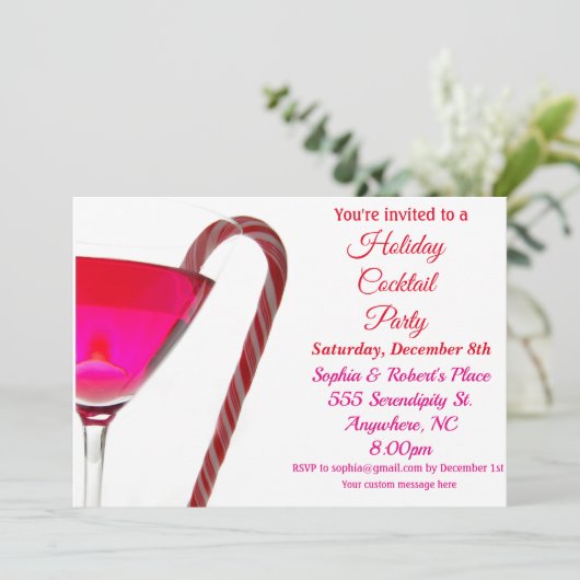 クリスマス |ホリデーパーティーエレガントレッドキャンディーケーン 招待状 (スタンド正面)