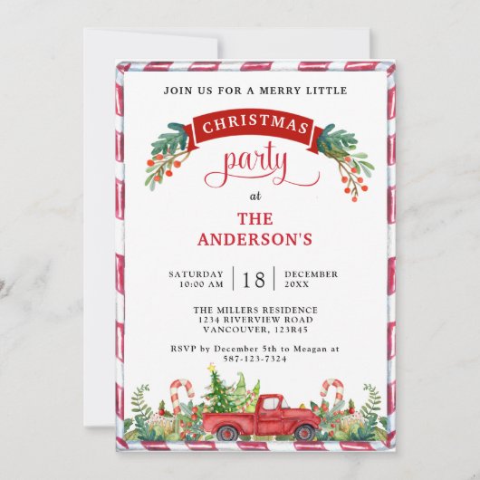 クリスマス/ホリデーパーティーヴィンテージトラックと緑 招待状 (正面)