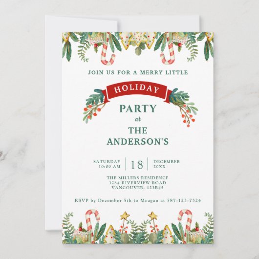 クリスマス/ホリデーパーティー、緑とクッキー 招待状 (正面)