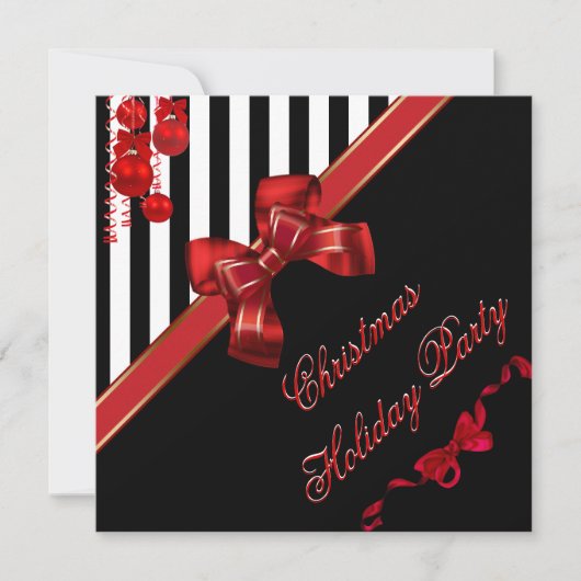 クリスマス ホリデーパーティー 赤 白 ストライプ Xmas リボン 招待状 (正面)