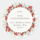 クリスマス/ホリデーレッドベリー差出人住所ラベル ラウンドシール (正面)