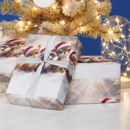 クリスマス+ホリデー+かわいい+動物+サンタ帽子 ラッピングペーパー