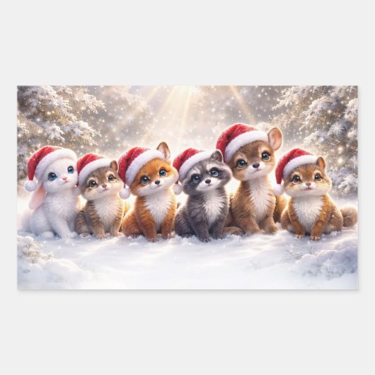 クリスマス ホリデー かわいい 動物 サンタ 帽子 長方形シール (正面)