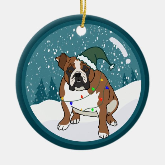 クリスマス・ホリデー・イングリッシュ・ブルドッグ セラミックオーナメント (正面)