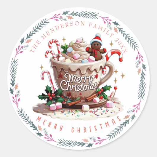 クリスマス ホリデー ウォーターカラー クリスマスシーズンのマグカップ キャンディ ラウンドシール (正面)