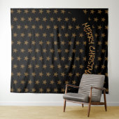 クリスマス | ホリデー | ゴールド スター | ブラック バックドロップ タペストリー (インサイチュ(横))
