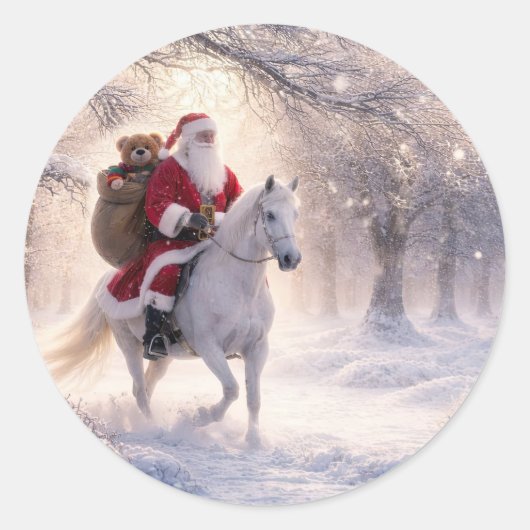 クリスマス ホリデー サンタと馬 ラウンドシール (正面)