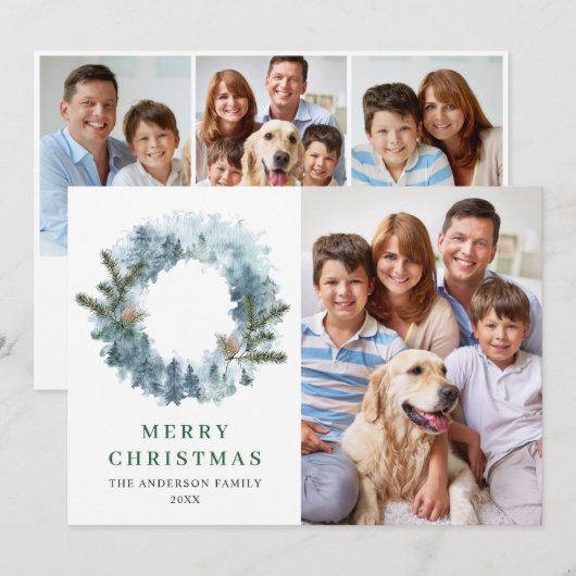 クリスマス ホリデー シーズン フェスティブ ホリー リース 写真4 枚のクリスマス ギフト カード (正面/裏面)