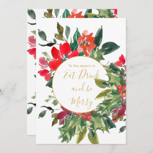 クリスマス ホリデー シーズン ホリーの花輪 ゴールド 招待状 (正面/裏面)