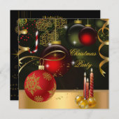 クリスマス ホリデー パーティー ゴールド レッド クリスマス ボール 招待状 (正面/裏面)