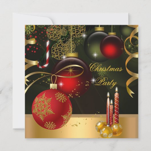 クリスマス ホリデー パーティー ゴールド レッド クリスマス ボール 招待状 (正面)