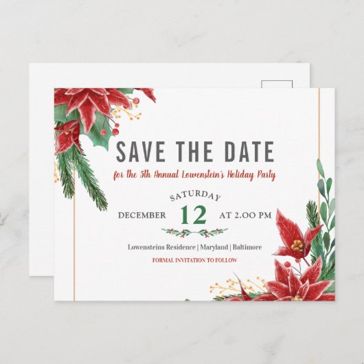クリスマス·ホリデー·パーティー，デート·ポインセティアを救う 案内ポストカード (正面/裏面)
