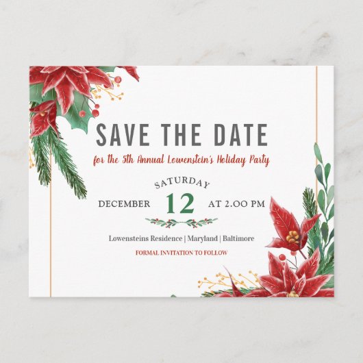 クリスマス·ホリデー·パーティー，デート·ポインセティアを救う 案内ポストカード (正面)