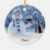 クリスマス ホリデー ワイン 雪だるま かわいい 面白い セラミックオーナメント (正面)