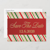 クリスマス ホリデー 企業 セーブ・ザ・デート 赤いリボン キャンディケイン柄 (正面/裏面)