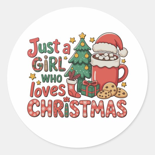 クリスマス ホリデー 冬が大好きな女の子 ラウンドシール (正面)