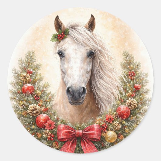 クリスマス ホリデー 可愛い 馬 と リース ラウンドシール (正面)