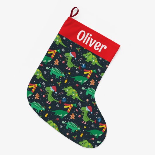 クリスマス+ホリデー+恐竜 ラージクリスマスストッキング (正面 (吊り時))