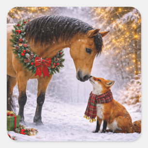 クリスマス ホリデー 馬 と キツネ Beautiful スクエアシール
