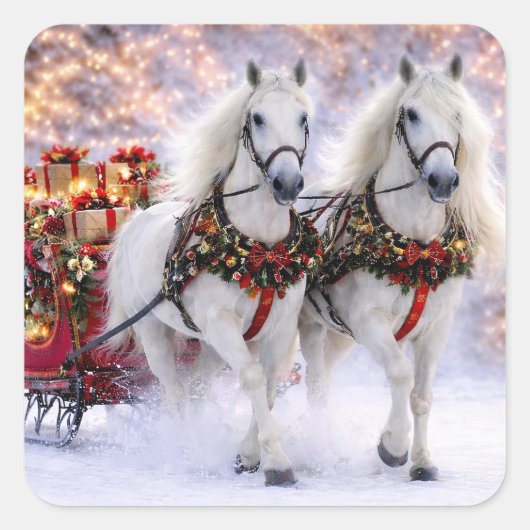 クリスマス+ホリデー+馬+ソリ+雪 スクエアシール (正面)