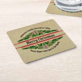 クリスマス・ホリーに一致する名前文字の編集 スクエアペーパーコースター