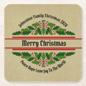 クリスマス・ホリーに一致する名前文字の編集 スクエアペーパーコースター (正面)