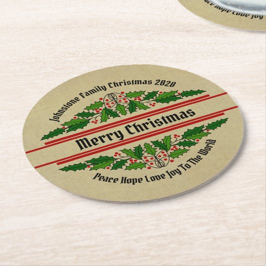 クリスマス・ホリーに一致する名前文字の編集 ラウンドペーパーコースター (アングル)