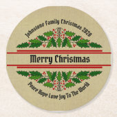 クリスマス・ホリーに一致する名前文字の編集 ラウンドペーパーコースター (正面)