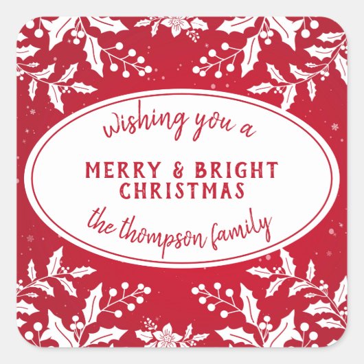 クリスマス・ホリーのシール(家族の名前) スクエアシール (正面)