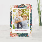 クリスマス ホリーデー シーズンのグリーティング カード 水彩のポインセチアの花とゴールドのフレーム (正面)