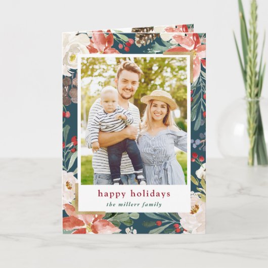 クリスマス ホリーデー シーズンのグリーティング カード 水彩のポインセチアの花とゴールドのフレーム (正面)