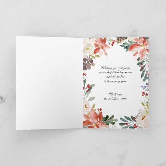 クリスマス ホリーデー シーズンのグリーティング カード 水彩のポインセチアの花とゴールドのフレーム (内部)