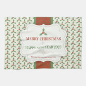 クリスマス・ホリー柄 グリーンホリー 赤い実 キッチンタオル (横)