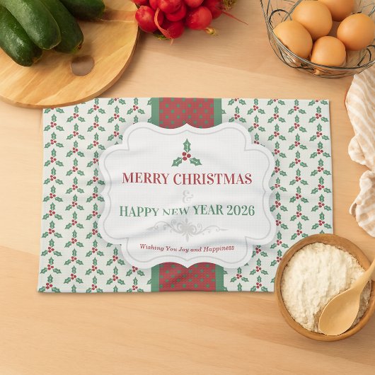 クリスマス・ホリー柄 グリーンホリー 赤い実 キッチンタオル