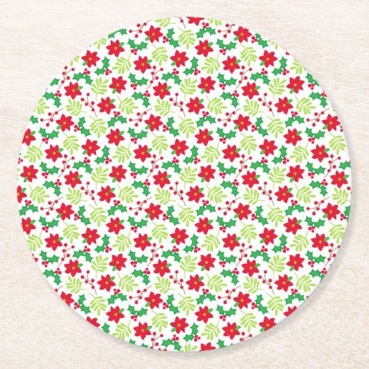 クリスマス ホリー ポインセチア 可愛い 花柄 6 ラウンドペーパーコースター (正面)