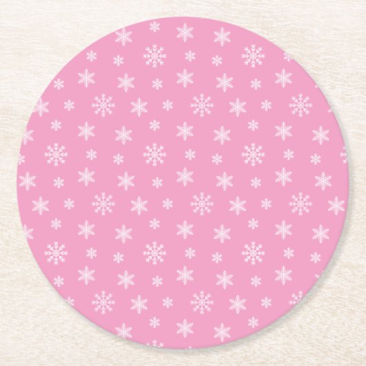 クリスマス·ホワイト·スノーフレーク·モダンパターン·ピンク ラウンドペーパーコースター (正面)