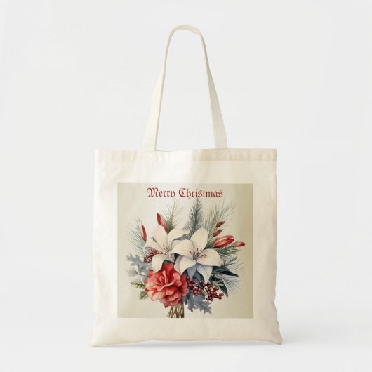 クリスマス ホワイト レッド 花 祝日 エレガント トートバッグ (正面)