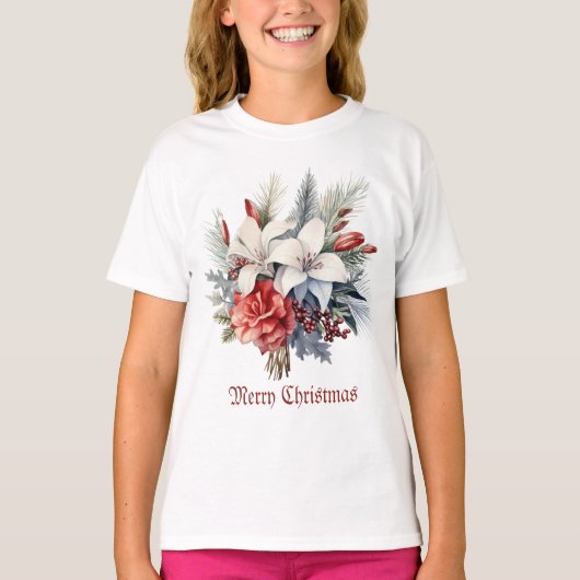クリスマス ホワイト レッド 花 祝日 エレガント Tシャツ (正面)