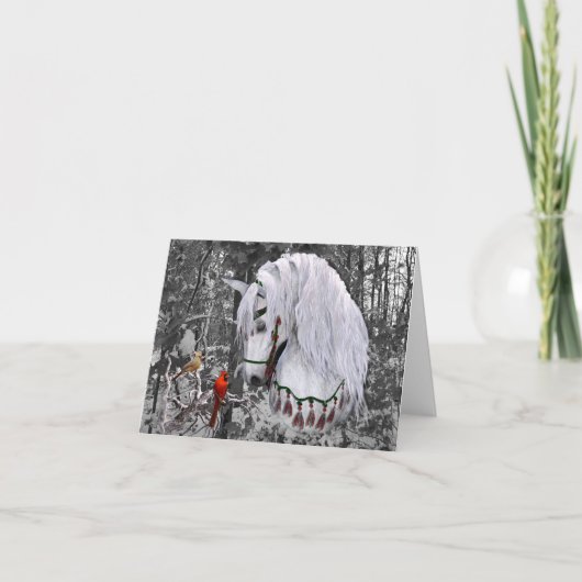 クリスマス ホース & カーディナルズ 4" x 5.6" ホリデー カード (正面)