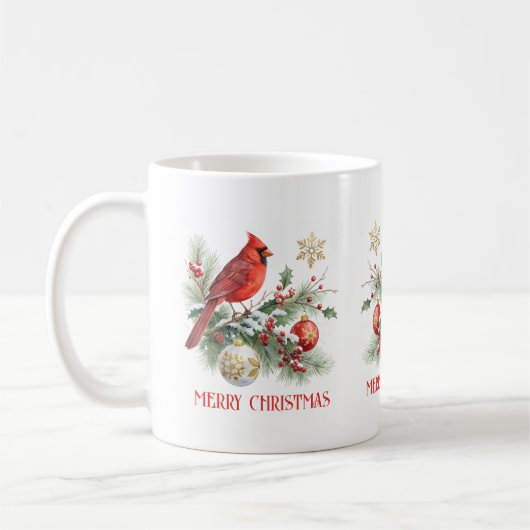 クリスマス・ホーリーの花束と赤いカーディナル コーヒーマグカップ (左)