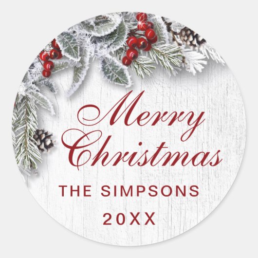 クリスマス ホーリー パイン ブランチ ラスティック ホリデー ラウンドシール (正面)